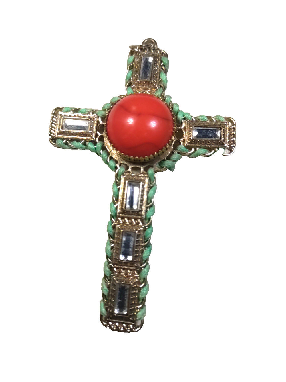 Flamboyant Cross Gold Tone Red Plastic? Rhinestone Pendant